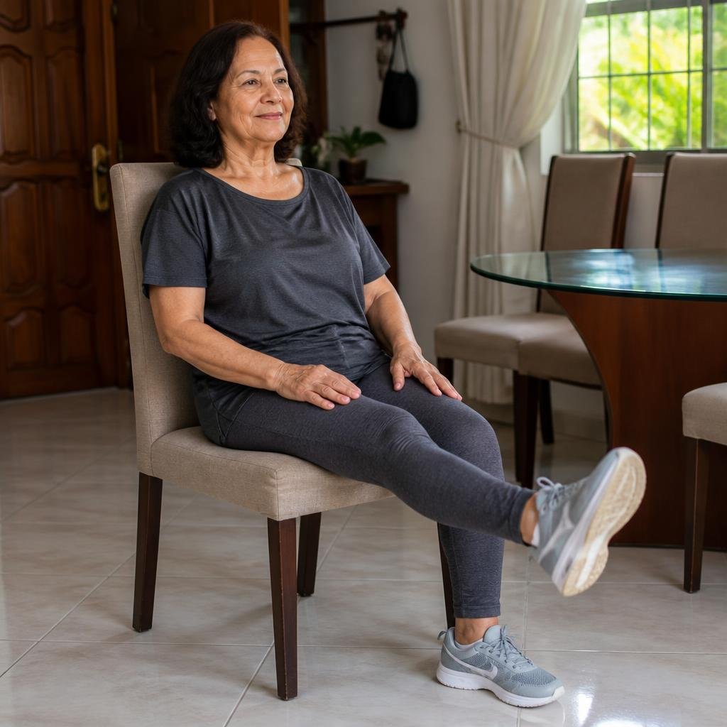 Mulher madura sentada em uma cadeira firme realizando um movimento leve com a perna. Imagem ilustrativa.