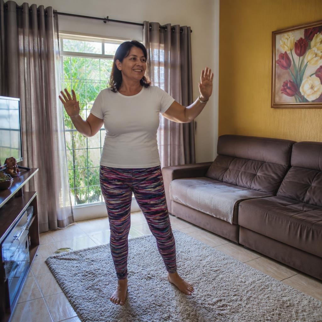 Mulher madura em pé na sala de casa realizando um movimento sem impacto. Imagem ilustrativa.